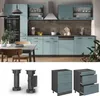 A kitchen scene with blue cabinets and appliances, followed by images of kitchen cabinet legs and drawer units. Náhled obrázku produktu