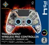 A transparent game controller with internal components visible, set against a fiery background and a blue panel with product information. Produktbild-Vorschau