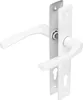 A white door handle set with a metal mounting plate, shown against a white background. Produktbild-Vorschau