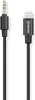 A black audio cable with a 3.5mm jack on one end and a Lightning connector on the other. Náhľad obrázku produktu