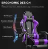 A purple and black gaming chair with diagrams illustrating its ergonomic features. Náhled obrázku produktu