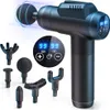 A black massage gun with multiple attachments is displayed against a white background. A digital display on the gun shows '99 99'. Produktbild-Vorschau