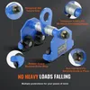 A blue trolley hoist with callouts highlighting its features against a dark gray background. Produktbild-Vorschau