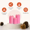 Three pink LED candles of varying heights are displayed on a white podium, with pine cones in the foreground. Icons and text describing product features are arranged above the candles. Produktbild-Vorschau