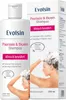 A product shot of Evolsin Psoriasis & Ekzem Shampoo next to its packaging, with a depiction of a woman washing her hair. Podgląd zdjęcia produktu