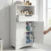 A white bathroom cabinet with its doors open, showing various cleaning supplies and towels inside. Náhled obrázku produktu