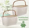 Two laundry baskets are shown in a bright, airy setting with a plant in the background. Text overlays indicate a practical savings package. Produktbild-Vorschau
