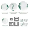 A collage of images showing a dinnerware set with eucalyptus leaf designs, including plates, bowls, and cups, along with icons indicating product features. Podgląd zdjęcia produktu