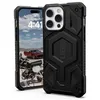 A black UAG Monarch protective case for an iPhone 14 Pro Max is shown, with the phone's screen displaying a motorcycle and a red car in a desert landscape. Podgląd zdjęcia produktu