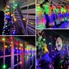 A collage of four images showing colorful LED icicle lights used for decoration. Produktbild-Vorschau