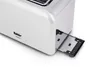 A close-up shot of a white Fakir Calypso toaster, showing the crumb tray extended. Produktbild-Vorschau