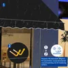 A black awning is shown in the rain, with diagrams highlighting its features. Náhľad obrázku produktu