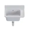 A white sink basin with a drain and a ribbed drying area, shown from the front. Produktbild-Vorschau