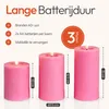 Three pink LED candles of different sizes are displayed with text and measurements indicating their features and dimensions. Produktbild-Vorschau