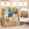 A wooden children's bookshelf filled with books, with a smaller inset image showing the back of the shelf with storage space. Podgląd zdjęcia produktu