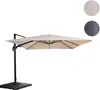A cantilever umbrella with a beige canopy and a black stand, shown against a white background. Two circular swatches of different fabric colors are visible in the upper right corner. Anteprima dell’immagine prodotto