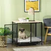 A pug sits inside a dog crate that doubles as a side table, with a lamp and books on top. Podgląd zdjęcia produktu