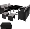 A rattan outdoor dining set with a table, chairs, and stools, with a cover shown separately. Náhled obrázku produktu