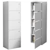 Two views of a white, five-shelf cabinet. One view shows the cabinet closed, and the other shows it open with some items on the shelves. Podgląd zdjęcia produktu