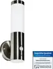 A stainless steel outdoor wall light with a motion sensor is shown against a white background, next to a quality certification badge. Produktbild-Vorschau