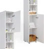 Two white bathroom cabinets are shown side-by-side against a white background. The cabinet on the left has its doors open, revealing shelves with folded towels and bottles. The cabinet on the right has one door open, showing shelves with folded towels and  Voir les images du produit