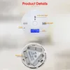 A product shot of a carbon monoxide detector with labels pointing out its features, and a separate shot of its battery compartment. Produktbild-Vorschau