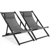 Two dark gray foldable deck chairs with adjustable headrests are shown against a white background. Voir les images du produit