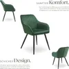 Collage of a green velvet armchair from different angles with descriptive text. Produktbild-Vorschau