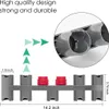 A close-up view of a gray plastic accessory holder with red attachments, showing dimensions and text highlighting its quality. Produktbild-Vorschau