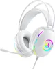 A white gaming headset with a microphone and colorful LED lights. Produktbild-Vorschau