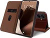 A brown leather flip case for a smartphone is shown open, displaying the phone's screen. Produktbild-Vorschau