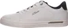 A side view of a single white sneaker with navy blue accents. Podgląd zdjęcia produktu