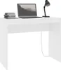 A white desk with a laptop, a stack of books, and a lamp on it, shown from the front. Podgląd zdjęcia produktu