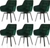 A set of six green velvet dining chairs with black metal legs, arranged in two rows of three. Voir les images du produit