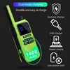 A bright green and black walkie-talkie is shown against a dark background, with text and icons highlighting its features. Voir les images du produit