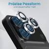 Close-up of a smartphone camera lens protector set with decorative stones, placed on a black smartphone. Produktbild-Vorschau