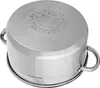 The bottom of a stainless steel pot is shown, with various icons and text indicating its features and compatibility. Anteprima dell’immagine prodotto