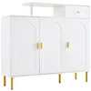 A white sideboard with three doors and one drawer, standing on gold metal legs, against a white background. Náhled obrázku produktu