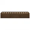 A brown wooden bed frame with a slatted base, shown from the front. Produktbild-Vorschau