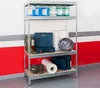 A metal shelving unit filled with various items, including bottles, toolboxes, rolls of material, and equipment, in what appears to be a garage or workshop setting. Produktbild-Vorschau