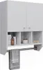 A white bathroom cabinet with two doors and open shelves below, featuring bottles and a brush. A towel is hanging from a bar below the shelves. Produktbild-Vorschau
