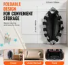 A folded trampoline is shown leaning against a wall, with text overlays highlighting its foldable design and storage options. Three smaller inset images show the trampoline stored in a closet, under a bed, and in a car trunk. Produktbild-Vorschau