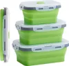 A set of three stackable, collapsible silicone food storage containers in green with clear lids and gray seals. Produktbild-Vorschau