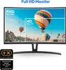 A curved monitor displaying a landscape with hot air balloons, with text overlays indicating resolution and awards. Produktbild-Vorschau