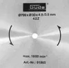 Close-up of a circular saw blade with text and directional arrows. Voir les images du produit