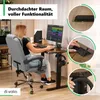 A woman is sitting at a height-adjustable desk, working on a computer. The desk has a wooden top and black legs. There are also close-up shots of the desk's features. Produktbild-Vorschau