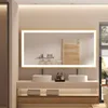 A modern bathroom vanity with a large LED mirror, two sinks, and wooden accents. Náhled obrázku produktu