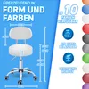 A collage showing a white rolling stool with dimensions and features highlighted, alongside color swatches of available options. Podgląd zdjęcia produktu