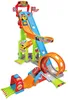 A colorful toy car race track with multiple levels and ramps. Voir les images du produit