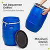 Two blue plastic barrels, one open with a lid beside it, and another being held by a person. Text highlights features like comfortable handles and a lid. Produktbild-Vorschau
